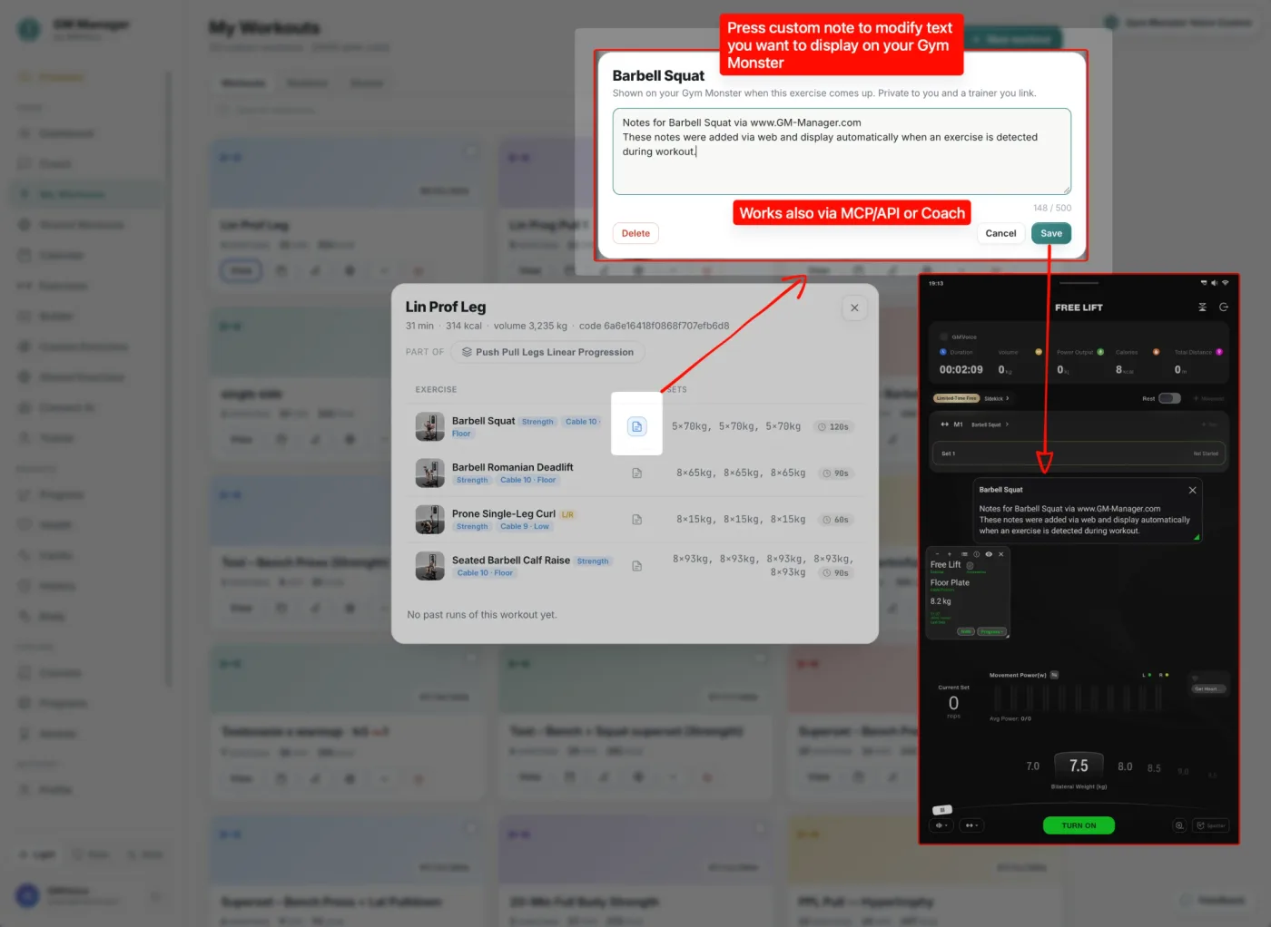 GM Manager note editor for an exercise next to the Gym Monster screen showing the same note during the workout.