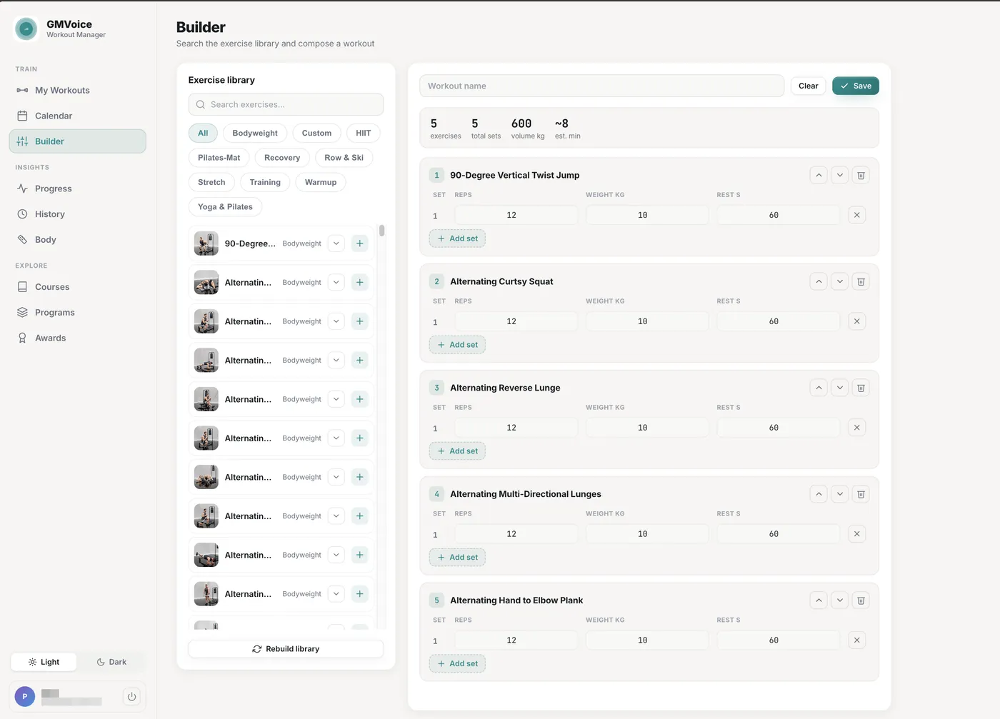 GM Manager workout builder in a browser: searchable Speediance exercise library on the left, a custom workout with sets, reps, weight and rest on the right.