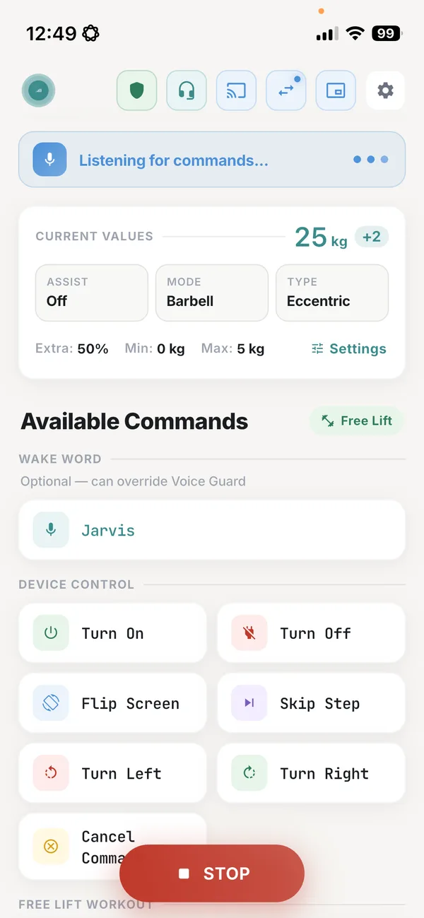 GMVoice current values in Free Lift showing 25 kg with plus 2 kg extra, Barbell mode, Eccentric type, and the extra weight settings of 50 percent, minimum 0 kg and maximum 5 kg.