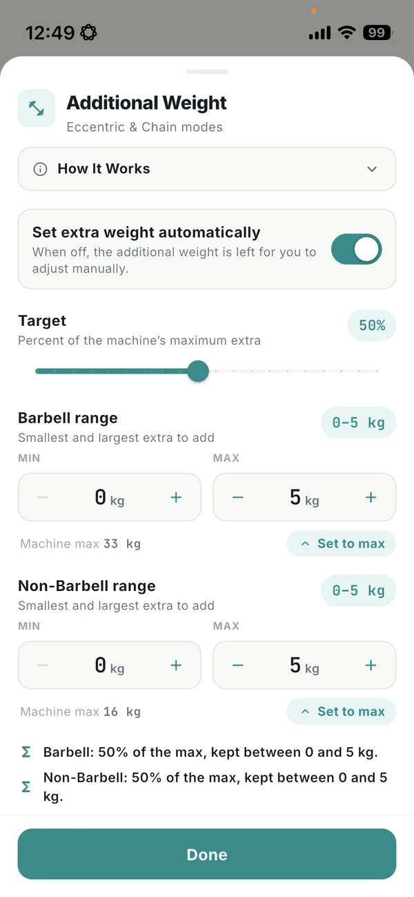 GMVoice Additional Weight settings for Eccentric and Chain modes: Set extra weight automatically switched on, a 50 percent target, and Barbell and Non-Barbell ranges of 0 to 5 kg.