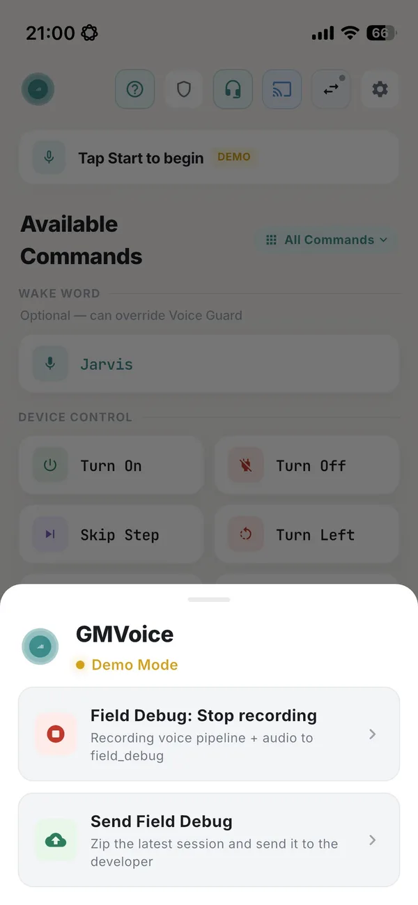 GMVoice debug panel with the rows Field Debug: Stop recording and Send Field Debug.