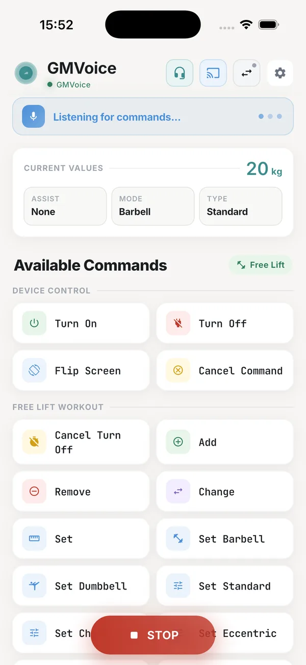 GMVoice app listening for commands, with a current values panel showing 20 kg, assist, mode and type above the list of available commands.