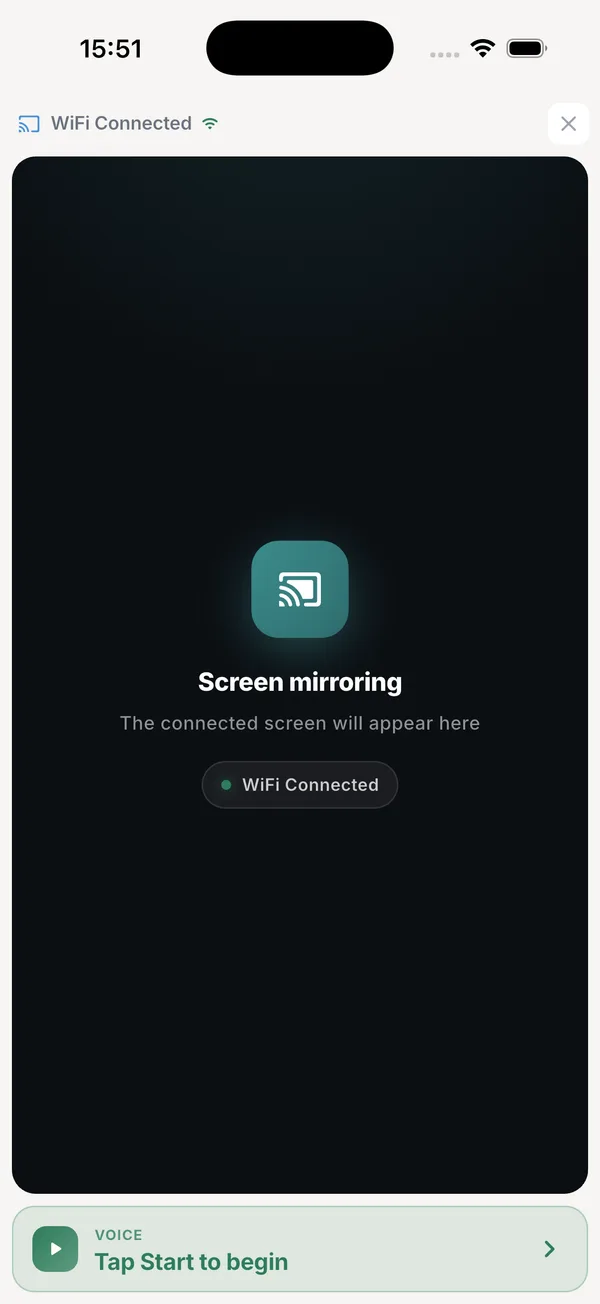 GMVoice screen mirroring view on the phone, connected to the Gym Monster over Wi-Fi.