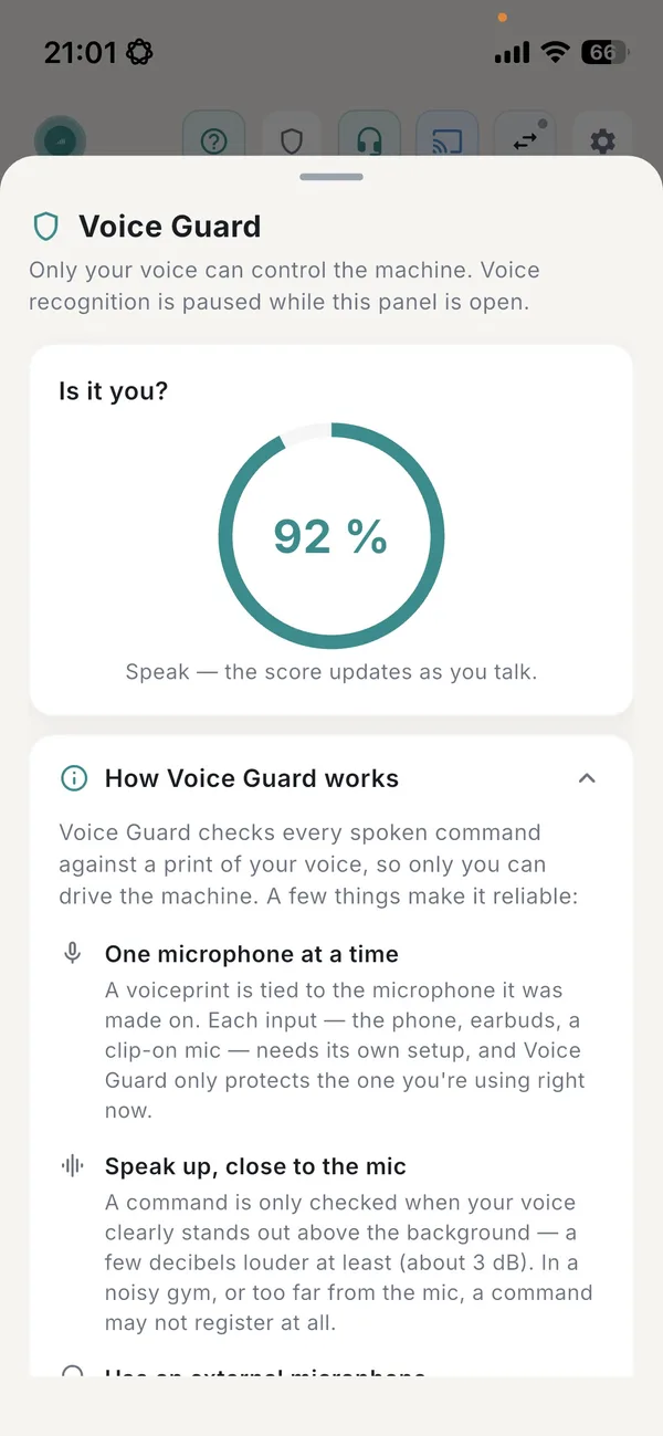 Voice Guard panel in GMVoice asking Is it you and showing a live match score of 92 percent while the user speaks.