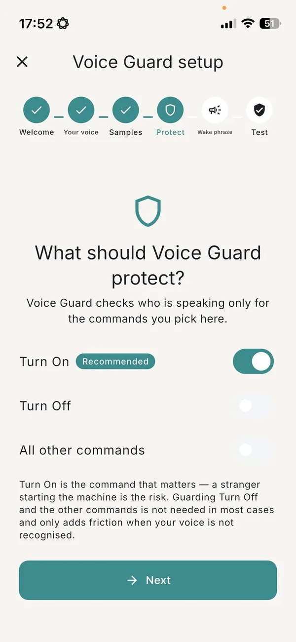 Voice Guard setup step asking what Voice Guard should protect, with Turn On switched on and marked as recommended.