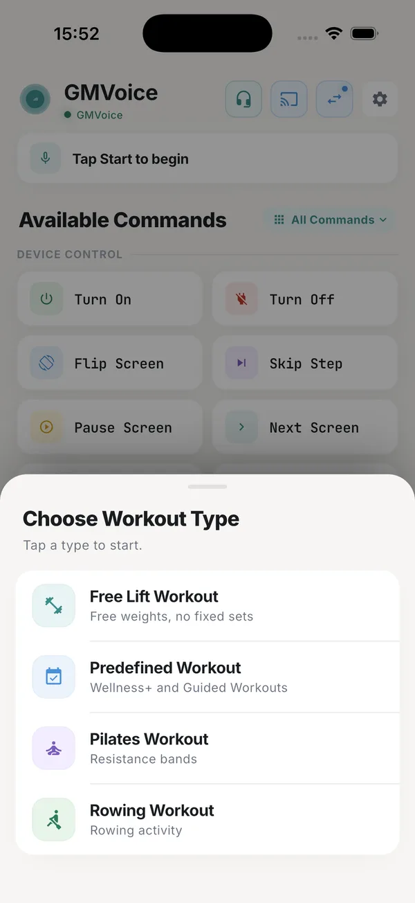 GMVoice workout type picker with Free Lift Workout, Predefined Workout, Pilates Workout and Rowing Workout.