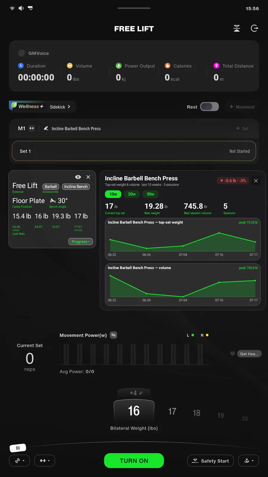 Speediance Gym Monster screen in Free Lift with GMVoice overlays: a stats bar with duration, volume, power output, calories and distance, a card with the current exercise, accessories, cable position and last four sets, and a progress panel with top-set weight and volume charts for the last 10 weeks.
